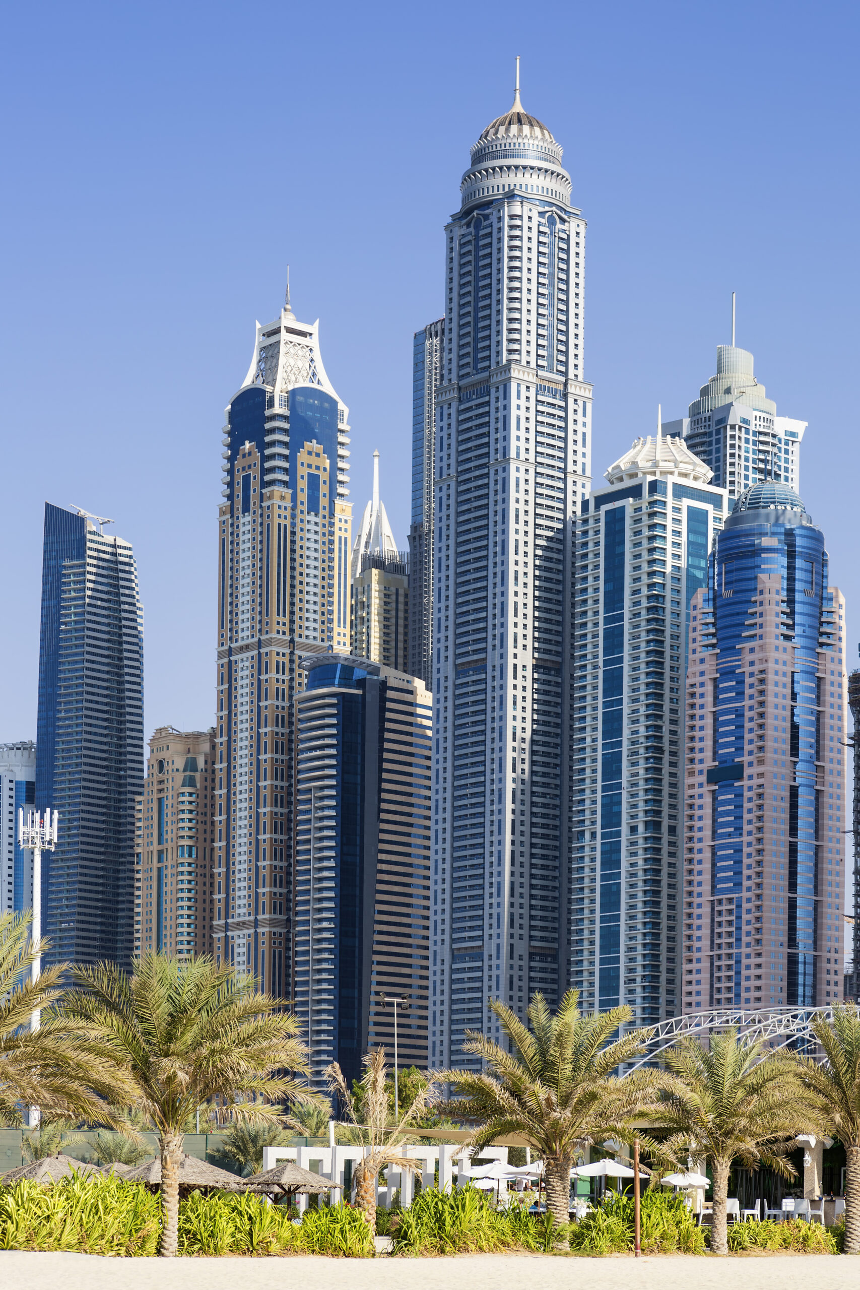 Vertical view of skyscrapers and palm trees in Dubai. UAE